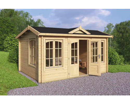 Abri de jardin Outdoor Life Windsor 44 avec plancher 440 x 340,2 cm naturel Abri de jardin en bois avec fenêtres et double porte