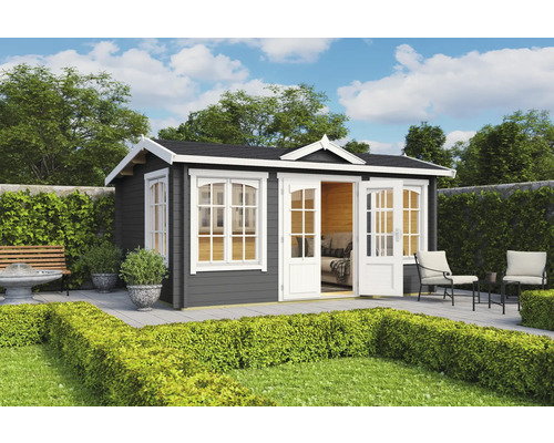 Gartenhaus Outdoor Life Windsor 44 inkl. Fußboden 440 x 340,2 cm carbongrau Gartenhaus mit Doppeltür und Fenstern in einem gepflegten Garten