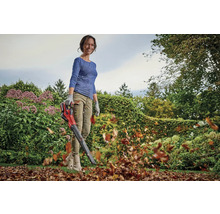 Une femme utilise un souffleur de feuilles sans fil dans le jardin pour enlever les feuilles.