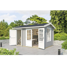 Gartenhaus mit geöffneten Türen und Fenstern, ausgestattet mit Büro und Fahrrad