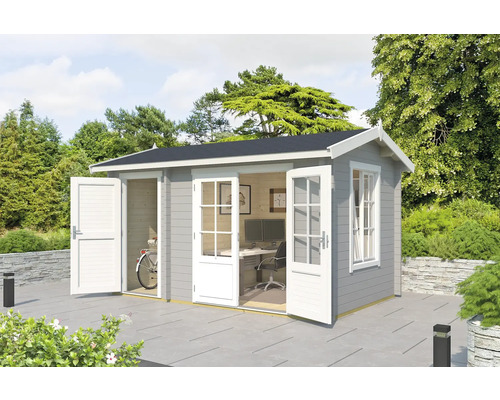 Abri de jardin Outdoor Life Wrexham 1 avec plancher 430 x 288,1 cm gris clair Abri de jardin avec portes et fenêtres ouvertes, équipé d''un bureau et d''un vélo