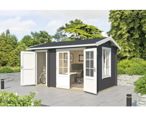 Gartenhaus Outdoor Life Wrexham 1 inkl. Fußboden 430 x 288,1 cm carbongrau Gartenhaus mit geöffneten Türen und Fenstern im Garten