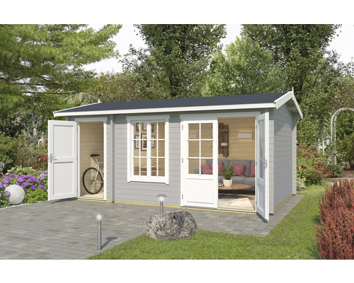 Abri de jardin Outdoor Life Wrexham 2 avec plancher 525 x 350,8 cm gris clair Abri de jardin avec portes ouvertes, fenêtre et vélo à l''intérieur