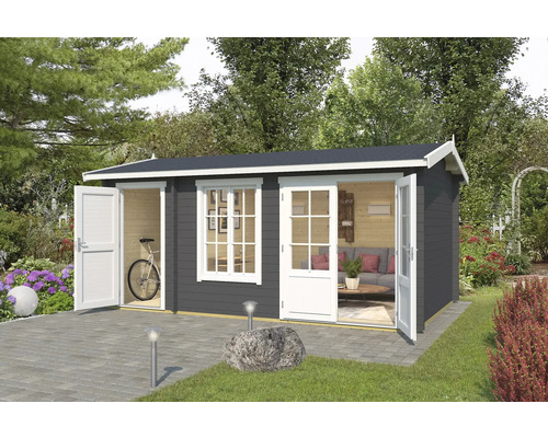 Gartenhaus Outdoor Life Wrexham 2 inkl. Fußboden 525 x 350,8 cm carbongrau Modernes Gartenhaus mit geöffneten Türen und Fenstern in einem Garten.