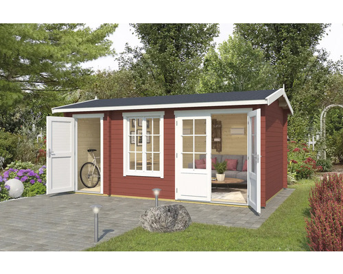 Gartenhaus Outdoor Life Wrexham 2 inkl. Fußboden 525 x 350,8 cm schwedenrot Gartenhaus mit Doppeltür, Fenster und Terrasse im Garten.