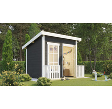 Cabane de jeux en bois avec fenêtre et porte ouverte dans le jardin