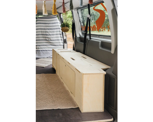 Innenausbau eines Lieferwagens mit einem Holzschrankmodul zur Aufbewahrung