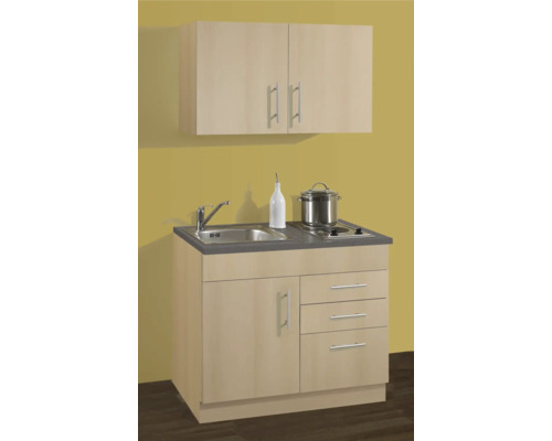 Cuisine compacte avec évier, plaque de cuisson, meuble bas et meuble haut