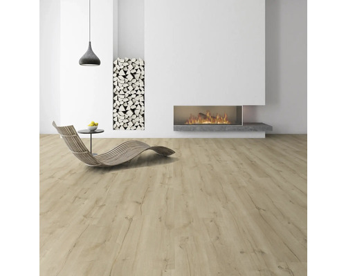 Pièce claire avec sol stratifié, cheminée et stockage du bois