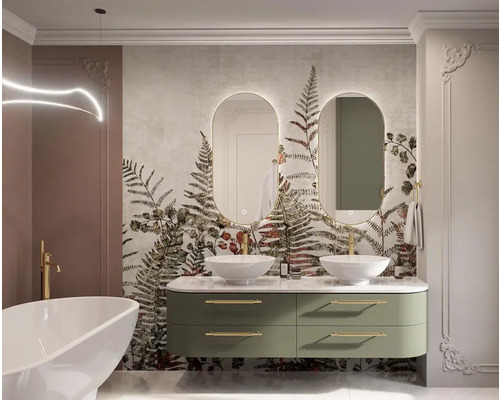 Salle de bains lumineuse avec double vasque, miroirs ovales et papier peint floral