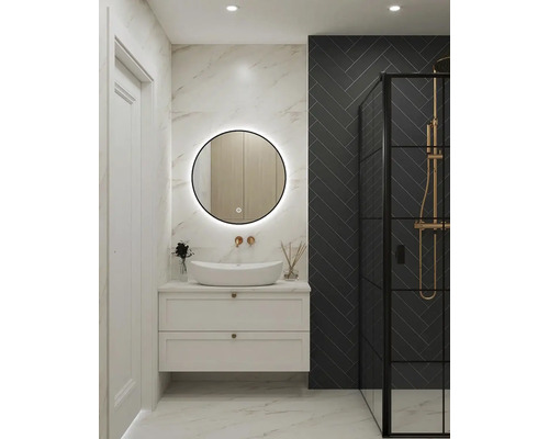 Modernes Badezimmer mit Waschtisch, Spiegel und Duschkabine