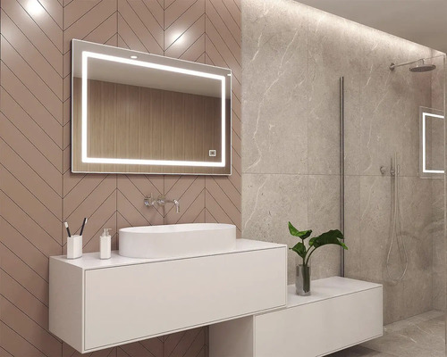 Modernes Badezimmer mit LED-Spiegel, Waschbecken und Dusche