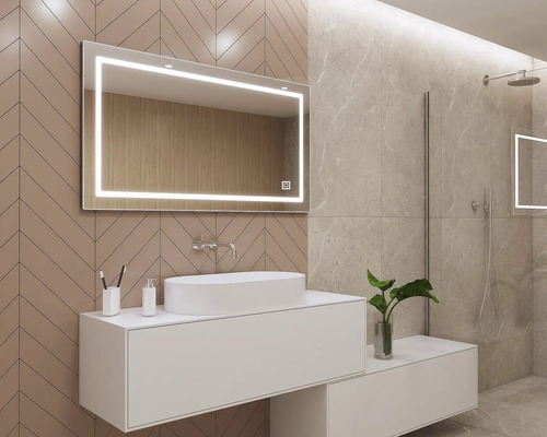 Modernes Badezimmer mit beleuchtetem Spiegel, Waschtisch und Dusche