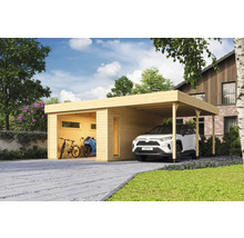Garage mit Carport aus Holz mit Auto, Motorrad und Fahrrad