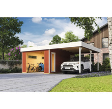 Carport mit Geräteraum und untergestelltem Auto