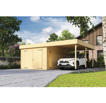 Garage en bois avec abri voiture et voiture garée