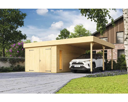 Garage individuel Outdoor Life Bahamas avec portail battant avec extension de toit 660 x 540 cm naturel Garage en bois avec abri voiture et voiture garée