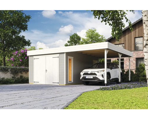 Garage individuel Outdoor Life Bahamas avec portail battant avec extension de toit 660 x 540 cm gris clair Garage avec abri de voiture en bois et voiture garée