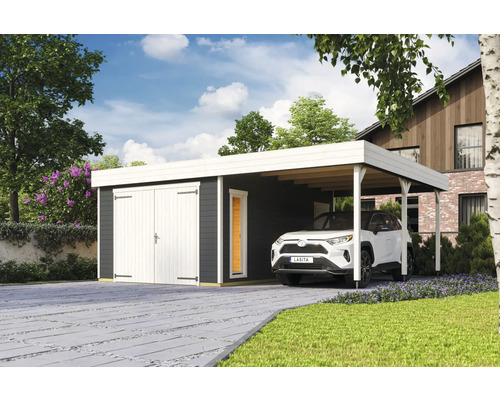 Garage individuel Outdoor Life Bahamas avec portail battant avec extension de toit 660 x 540 cm gris carbone Garage avec abri de voiture en bois et allée pavée