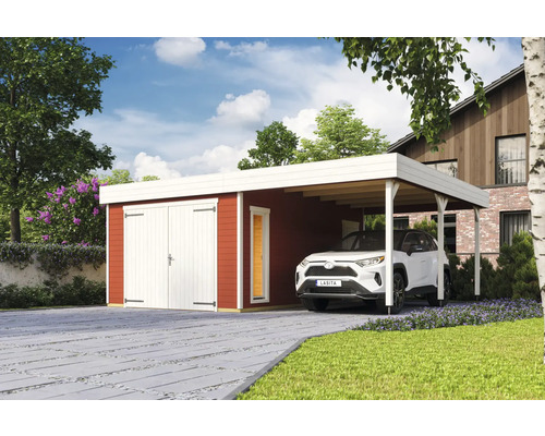 Garage individuel Outdoor Life Bahamas avec portail battant avec extension de toit 660 x 540 cm rouge de Falun Garage en bois avec abri de voiture et maison attenante à l''extérieur