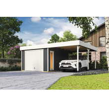 Garage avec abri de voiture et voiture garée