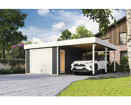 Garage individuel Outdoor Life Bahamas avec porte de garage basculante avec extension de toit 660 x 540 cm gris carbone Garage avec abri de voiture et voiture garée