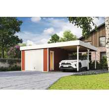 Garage en bois avec abri voiture et voiture garée