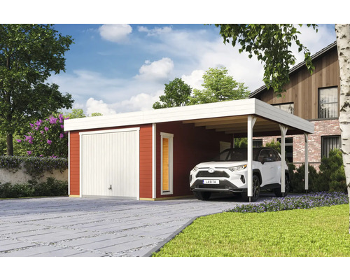 Garage individuel Outdoor Life Bahamas avec porte de garage basculante avec extension de toit 660 x 540 cm rouge de Falun Garage en bois avec abri voiture et voiture garée