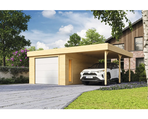 Garage individuel Outdoor Life Bahamas avec portail sectionnel avec extension de toit 660 x 540 cm naturel Garage avec abri de voiture en bois et une voiture garée