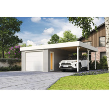 Garage avec carport en bois avec une voiture devant