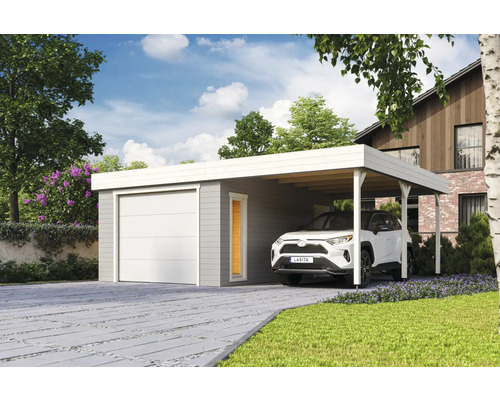 Garage individuel Outdoor Life Bahamas avec portail sectionnel avec extension de toit 660 x 540 cm gris clair Garage avec carport en bois avec une voiture devant