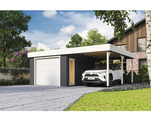 Garage individuel Outdoor Life Bahamas avec portail sectionnel avec extension de toit 660 x 540 cm gris carbone Garage avec abri voiture et voiture à l''extérieur