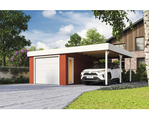 Garage individuel Outdoor Life Bahamas avec portail sectionnel avec extension de toit 660 x 540 cm rouge de Falun Garage avec abri de voiture et voiture garée