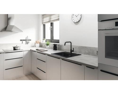 Cuisine moderne avec évier, robinet, plaque de cuisson, hotte et ustensiles de cuisine.