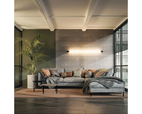 Wohnzimmer mit grauer Eckcouch, Couchtisch und Zimmerpflanze im Topf