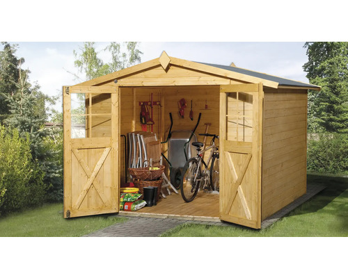 Gartenhaus weka 316 Gr. 3 inkl. Fußboden 290 x 217 cm lasiert Offener Holzgarten Schuppen mit Gartengeräten, Fahrrad und Schubkarre