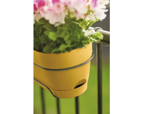 Jardinière de balcon jaune avec support et plantes