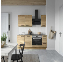 Cuisine équipée avec évier, cuisinière, hotte aspirante et éléments hauts en décor bois clair