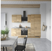 Cuisine claire avec aspect bois, hotte aspirante et table à manger au design moderne