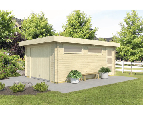 Garage Outdoor Life Canberra avec Portail oscillant fenêtre 360 x 540 cm bois Maison de jardin en bois avec porte de garage, porte latérale et fenêtres dans le jardin