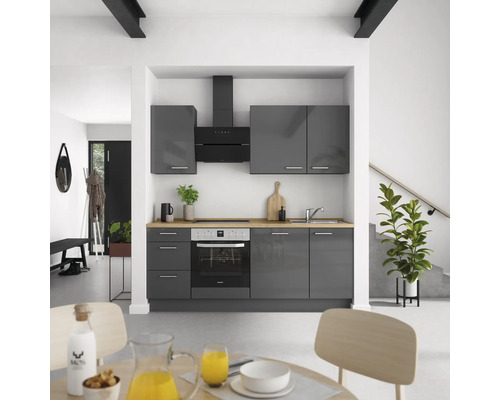 NOBILIA Küchenzeile mit Geräten Urban 210 cm schiefergrau hochglanz montiert Variante links