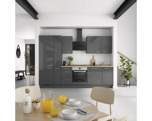 NOBILIA Küchenzeile mit Geräten Urban 300 cm schiefergrau hochglanz montiert Variante links