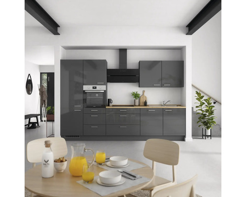 NOBILIA Küchenzeile mit Geräten Urban 330 cm schiefergrau hochglanz montiert Variante links