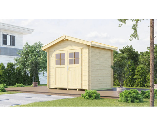 Gartenhaus weka Premium 28 inkl. Fußboden 300 x 284 cm natur Garten Szene mit Holzgartenhaus mit Doppeltür und Fenstern