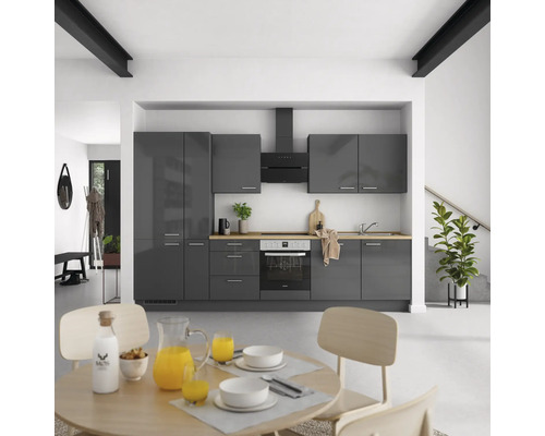 Bloc cuisine complète équipée NOBILIA Urban 330 cm façade gris ardoise à haute brillance, corps gris ardoise variante à gauche monté