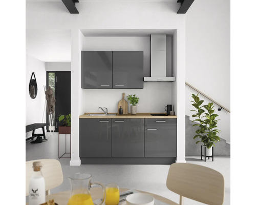 Bloc cuisine complète NOBILIA Urban 180 cm façade gris ardoise à haute brillance, corps gris ardoise variante à droite monté