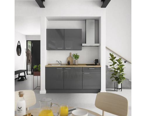 Bloc cuisine complète équipée NOBILIA Urban 180 cm façade gris ardoise à haute brillance, corps gris ardoise variante à droite monté