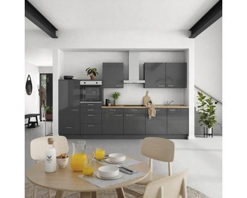 Bloc cuisine complète NOBILIA Urban 360 cm façade gris ardoise à haute brillance, corps gris ardoise variante à gauche monté