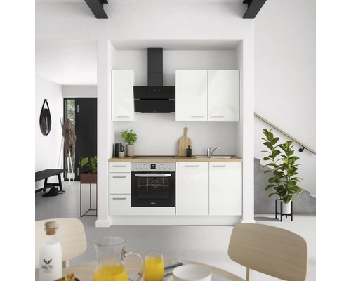 Bloc cuisine complète équipée NOBILIA Modern 180 cm façade blanche à haute brillance, corps blanc variante à gauche monté
