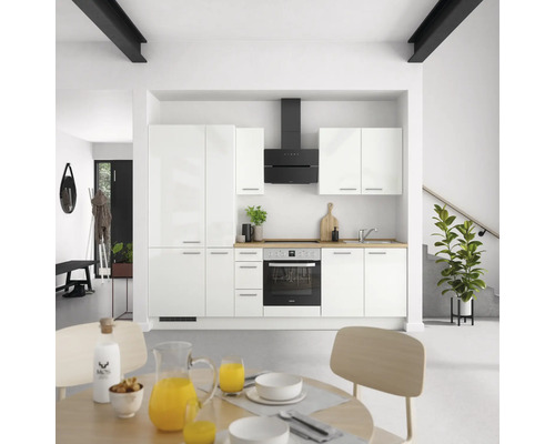 Bloc cuisine complète équipée NOBILIA Modern 270 cm façade blanche à haute brillance, corps blanc variante à gauche monté